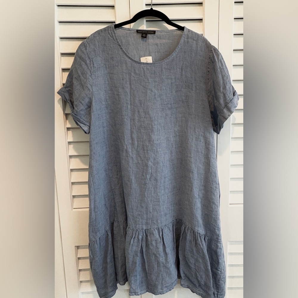 NWT Saks Fifth Avenue Dress Linen Drop Waist Babydoll Short Sleeve Ruffle Hem M